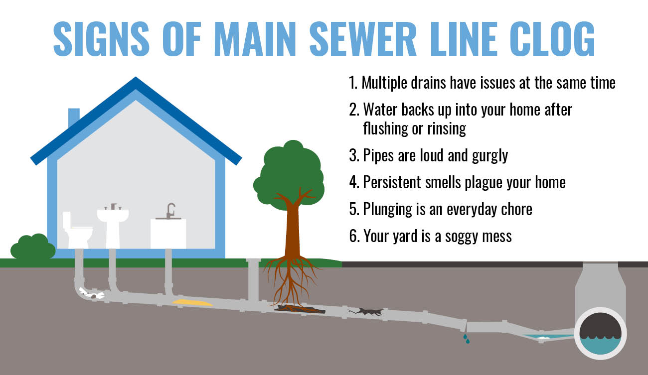graphic outlining six signs of a main sewer line clog. 