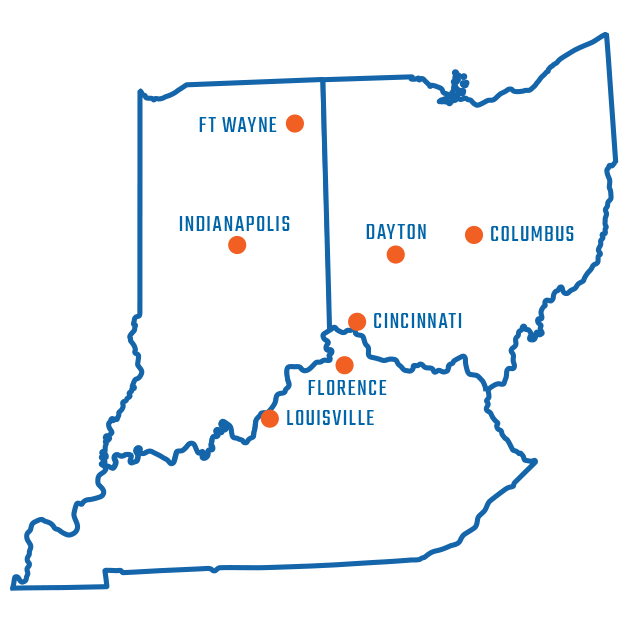 Map of Ohio, Indiana and Kentucky showing CME service areas