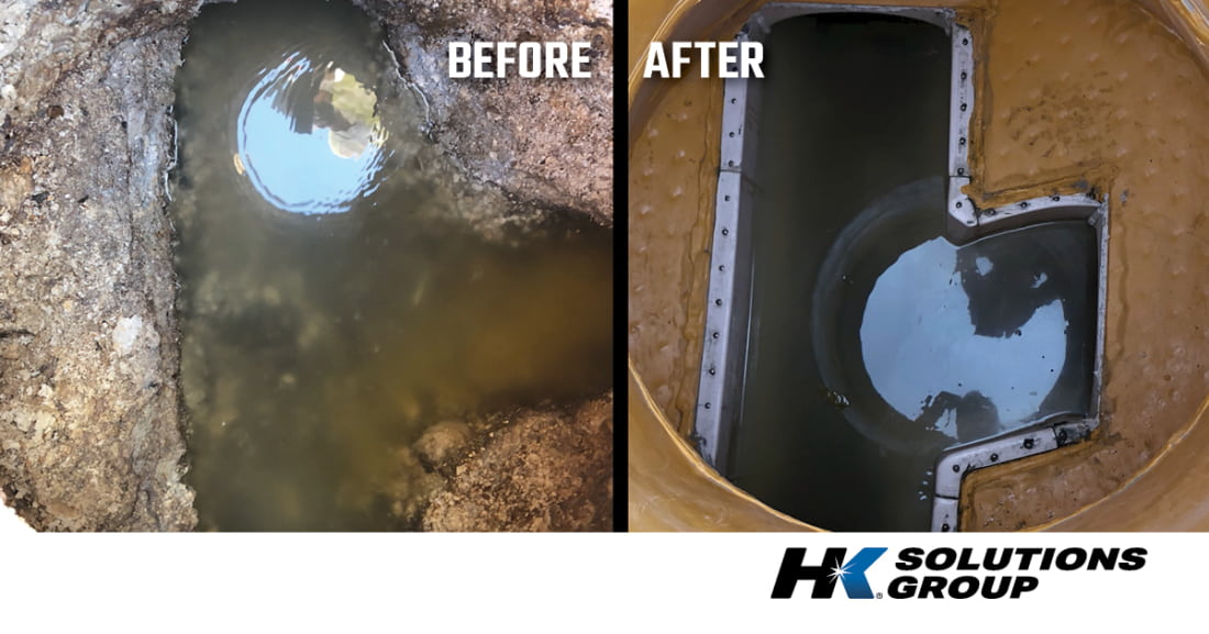 Before and after image of manhole rehabilitation.