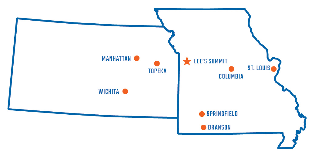 Map of Locations Which HK Solutions Serves in Kansas and Missouri