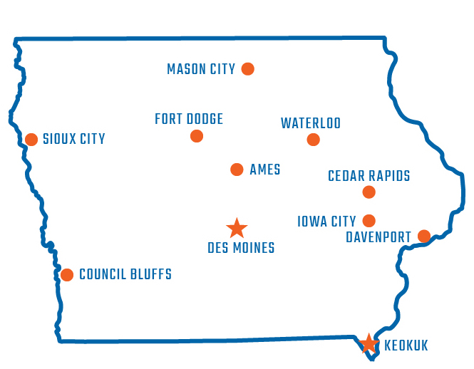 Map of Locations Which HK Solutions Serves in Iowa